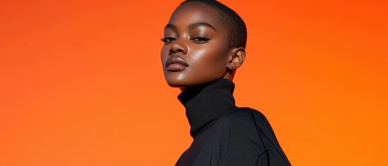 Naklejka premium This stunning close-up captures a young Black woman with short hair, exuding elegance and confidence against a vibrant orange background.