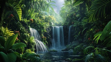 Lush green jungle waterfall flowing.