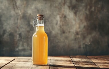 Single amber glass bottle of craft beer on a weathered wooden surface against a textured gray background, emphasizing artisanal brewing