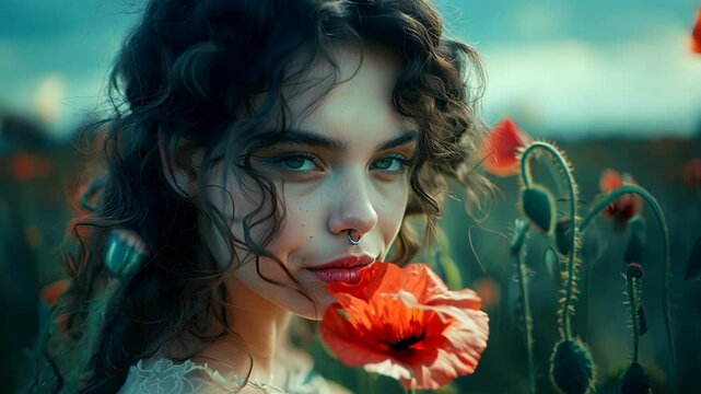 A mysterious girl with curly hair explores a lush field of poppies during twilight, evoking a devilish aura. Her playful spirit captivates the surroundings with charm.