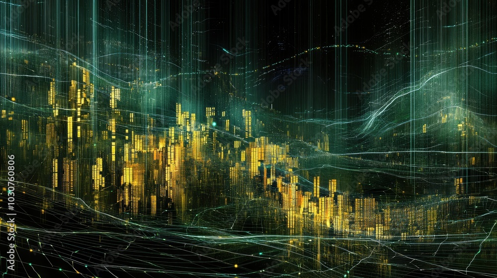 Poster Futuristic digital landscape with abstract grids and data streams for tech innovation and computing processes