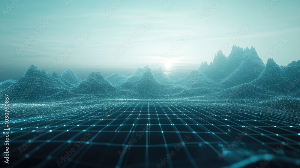 Poster Futuristic digital landscape with abstract grids and data streams for tech innovation and computing processes