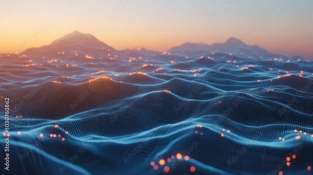 Poster futuristic digital landscape with abstract grids and data streams for tech innovation and computing 