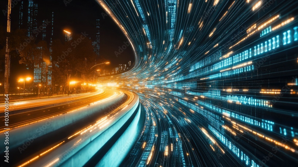 Poster futuristic digital tunnel with glowing data streams, representing the speed of technological advance