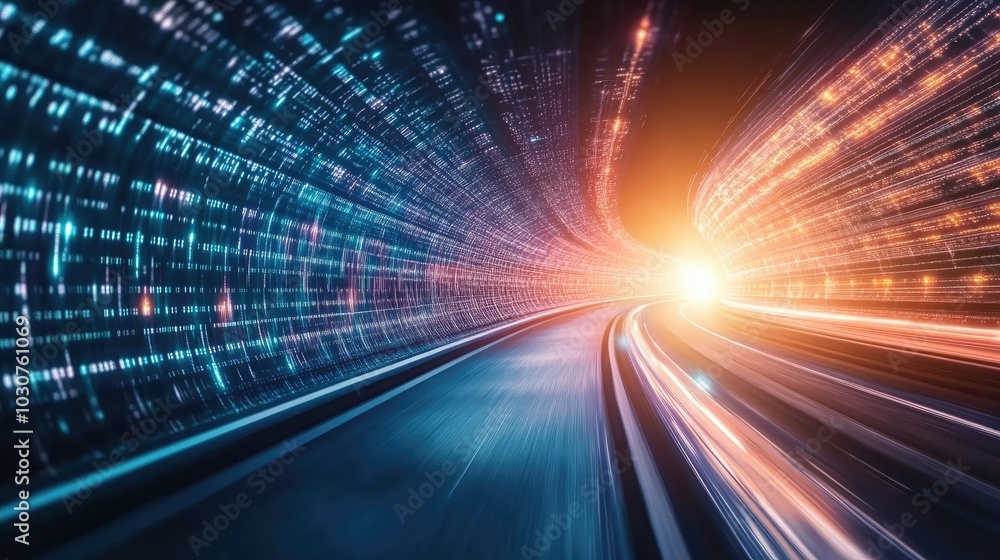 Poster futuristic digital tunnel with glowing data streams, representing the speed of technological advance