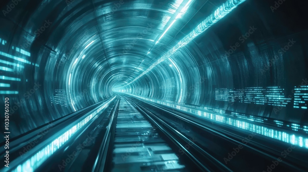 Poster futuristic digital tunnel with glowing data streams, representing the speed of technological advance