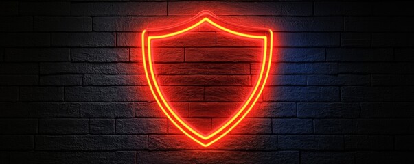 A glowing neon shield symbol against a dark brick wall, representing security, protection, and strength.