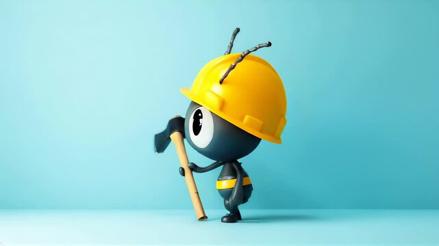 3D animated ant character wearing a yellow construction helmet and holding an axe. Concept of playful construction and teamwork.