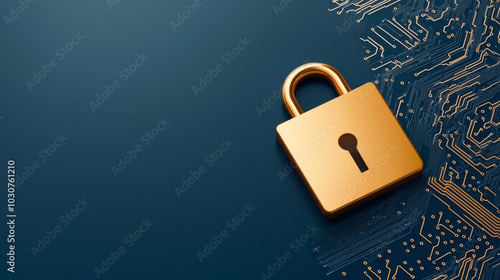 Poster a golden padlock is positioned on a blue background adorned with a digital circuit pattern, symboliz
