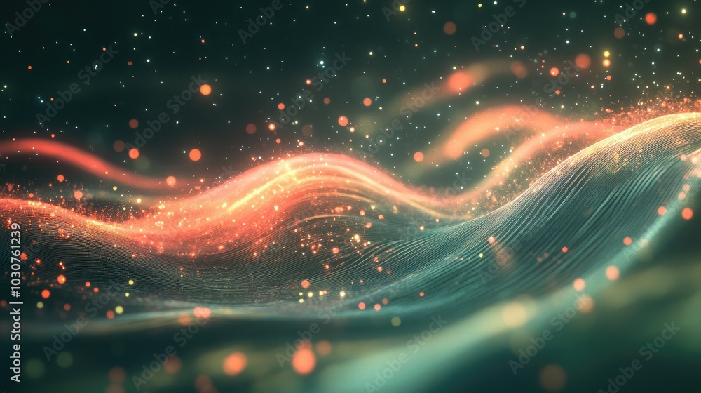 Poster futuristic digital waves with glowing particles and abstract nodes representing tech-driven processe