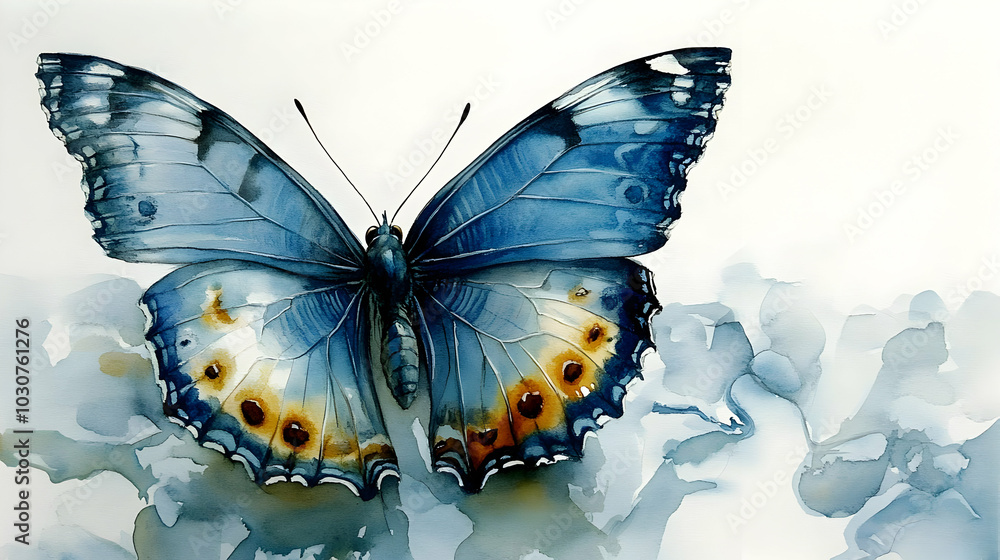 Poster a vibrant blue butterfly with intricate patterns on a soft background.