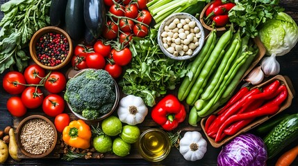Fresh vegetables, fruits, beans, and grains on a rustic wooden table.