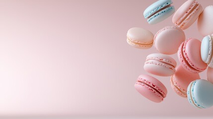 Fototapeta premium A beautiful arrangement of pastel-colored macarons in pink and blue on a clean surface. Perfect for showcasing elegance, sweetness, and gourmet desserts.