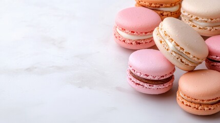 Fototapeta premium This image features an elegant arrangement of pastel-colored macarons on a clean background. Perfect for culinary themes and dessert promotions.