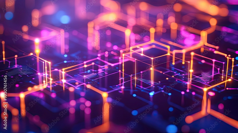 Poster glowing abstract hexagonal patterns with digital data streams symbolizing tech processes and ai inno