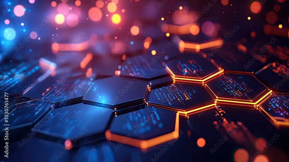 Poster glowing abstract hexagonal patterns with digital data streams symbolizing tech processes and ai inno