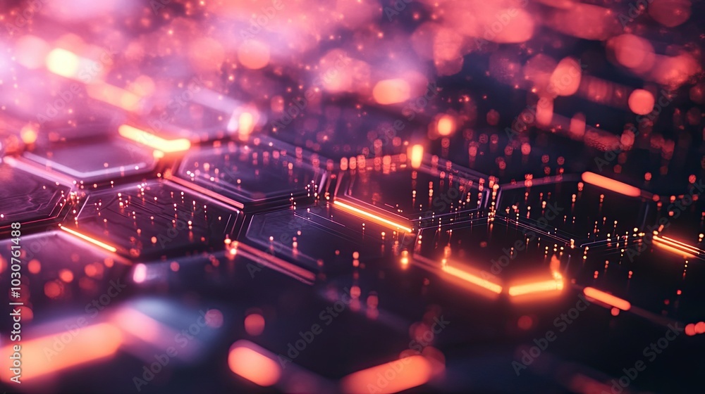 Poster glowing abstract hexagonal patterns with digital data streams symbolizing tech processes and ai inno