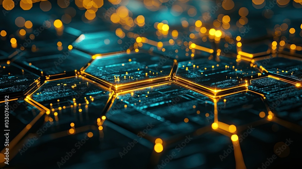 Poster glowing abstract hexagonal patterns with digital data streams symbolizing tech processes and ai inno
