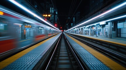 A captivating night view of a train station interior, showcasing the dynamic movement of trains and illuminated tracks in a vibrant urban setting.