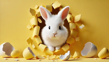 White Bunny Breaking Through a Yellow Wall for Easter Celebration