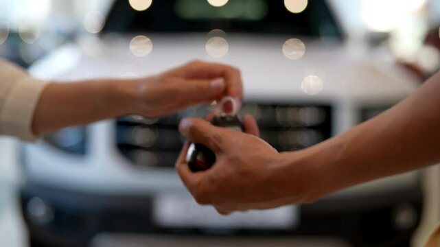 Close-up of unrecognizable female buyer and male salesperson shaking hands after completing transaction for new car, symbolizing successful deal in auto showroom. Shooting in slow motion.