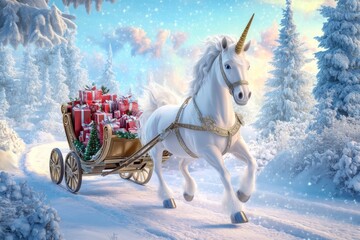 Magical winter scene, unicorn pulling a sleigh overflowing with colorful presents, snow-covered trees and a serene blue sky creating a whimsical holiday atmosphere