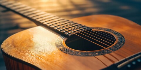 Fototapeta premium A detailed shot of a wooden acoustic guitar capturing the natural light glistening on its polished surface.