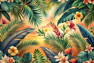 Forced perspective tropical plant pattern with palm leaves and wildflowers, featuring gradient sunset colors.