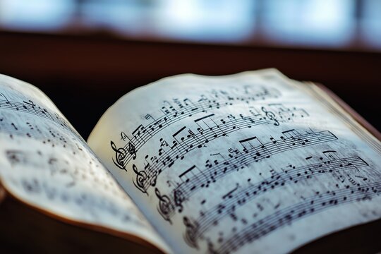 An image of opened sheet music revealing intricate notes and symbols, illuminated softly.