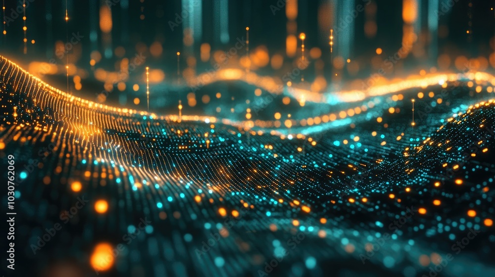 Poster glowing data points and digital waves in an abstract tech background symbolizing modern digital proc