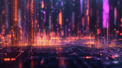 Fototapeta premium Glowing circuit board with digital waves and abstract data flow representing technological advancement