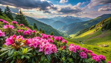 Fototapeta premium Forced perspective view of blooming Carpathian rhododendron flowers