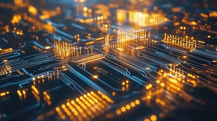 Obraz premium Glowing circuit board with digital waves and abstract data flow representing technological advancement