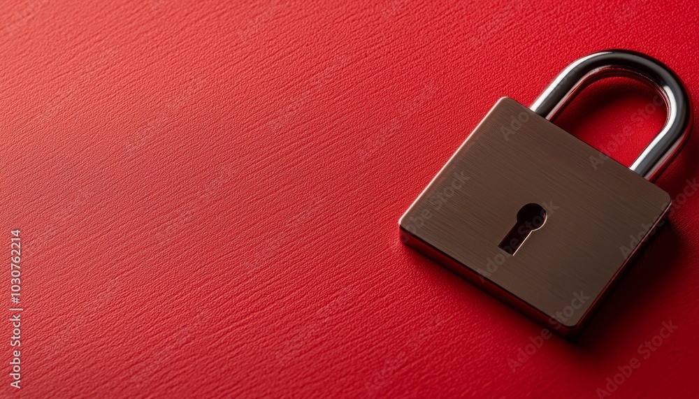 Poster description a close-up image of a brown padlock on a textured red background, symbolizing security a