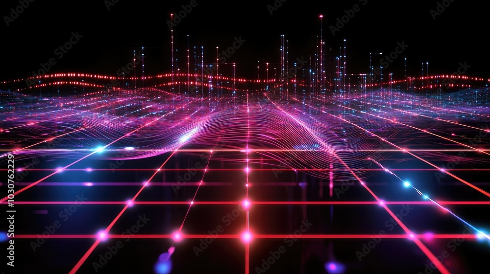 Fototapete Glowing digital grid with abstract waveforms and nodes representing high-tech infrastructure and processes