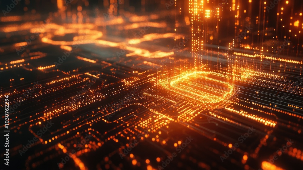 Fototapete Glowing digital grid with abstract waveforms and nodes representing high-tech infrastructure and processes
