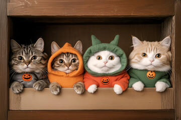 Halloween Wallpaper with adorable cats wearing Halloween costumes, with a warm and playful feel