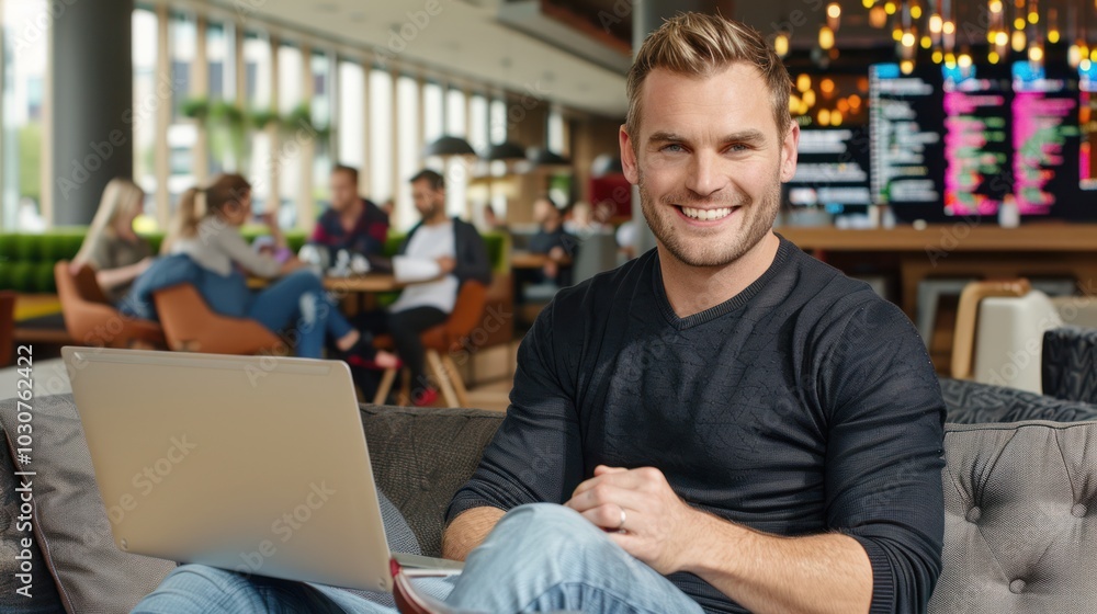 Poster smiling man using laptop in a modern cafe setting