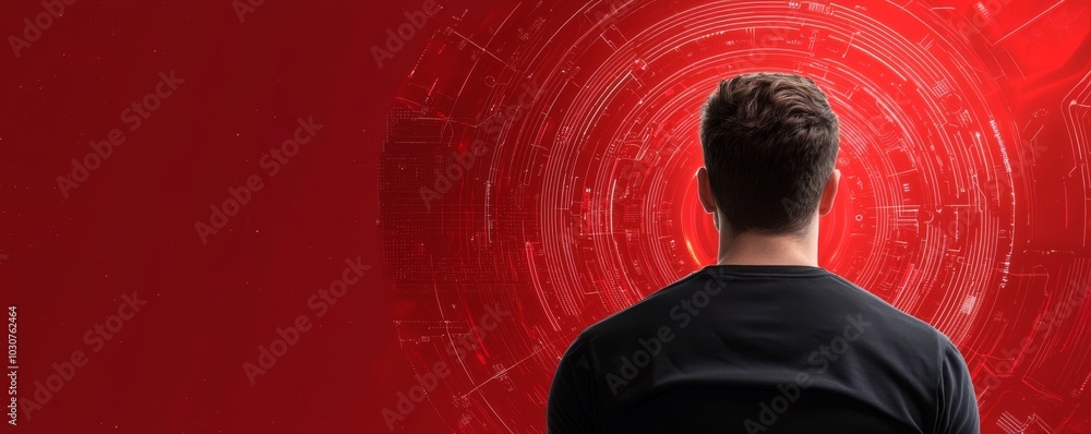 Poster a contemplative figure views a swirling, red vortex, symbolizing introspection and the journey into 
