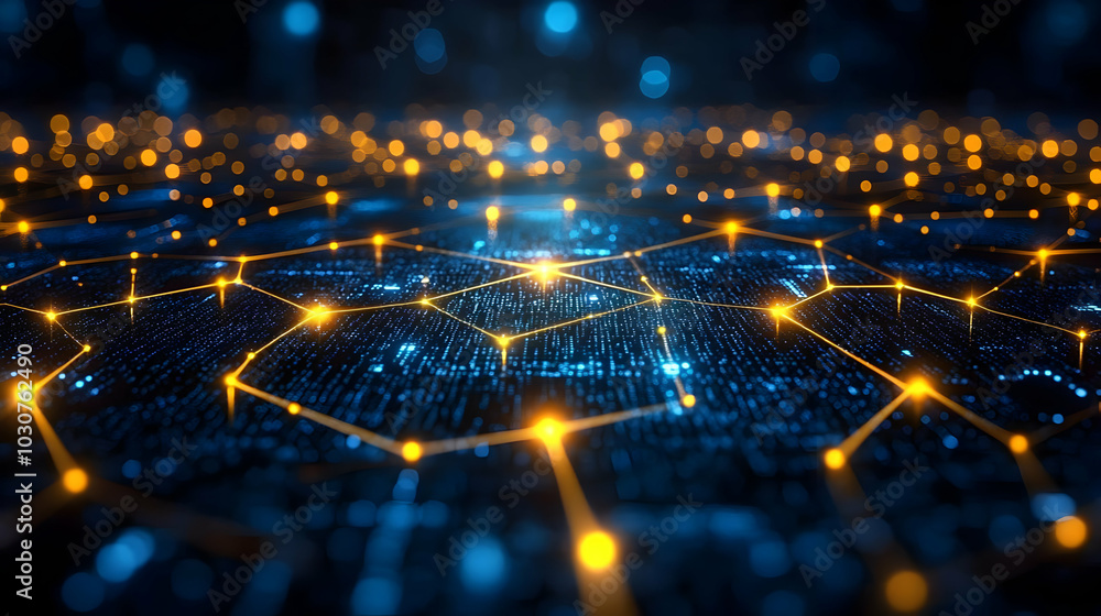 Poster abstract digital network with glowing nodes and connections.
