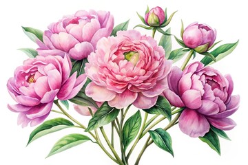 Obraz premium Forced perspective watercolor painting of pink peonies on white background