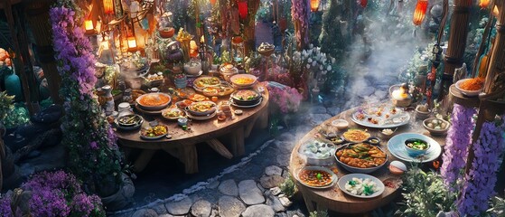 A vibrant banquet scene filled with colorful dishes and floral decorations, creating a magical atmosphere for dining.