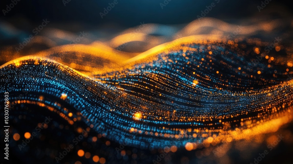 Poster glowing digital particles and abstract data streams representing the flow of information in tech sys