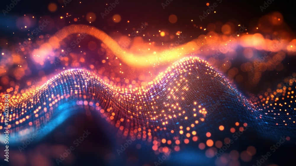 Poster glowing digital waveforms and abstract particles representing the complexity of high-tech processes