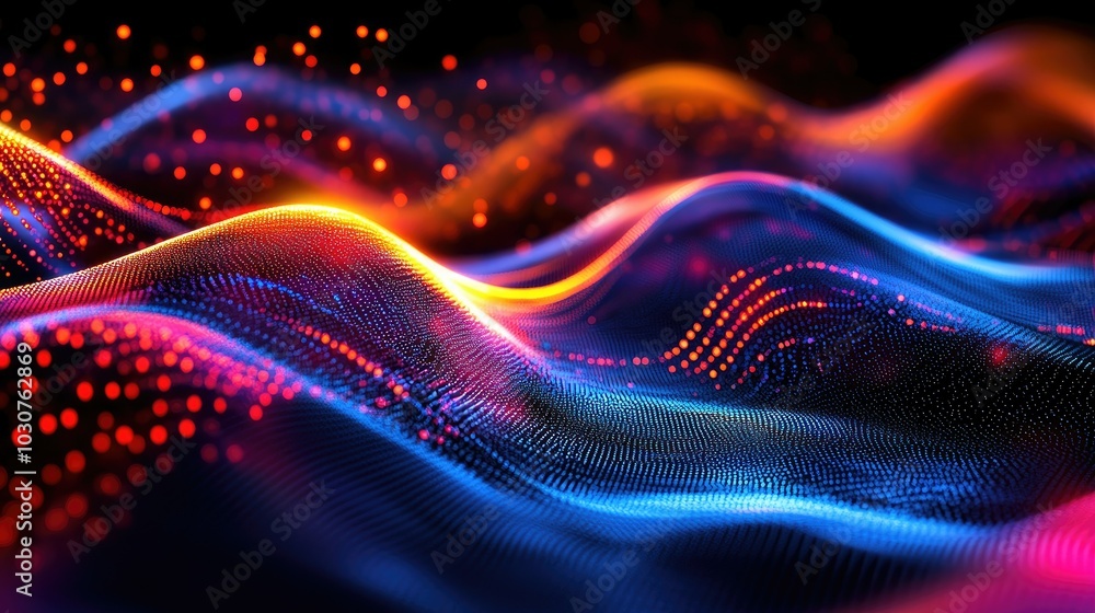 Poster glowing digital waveforms and abstract particles representing the complexity of high-tech processes