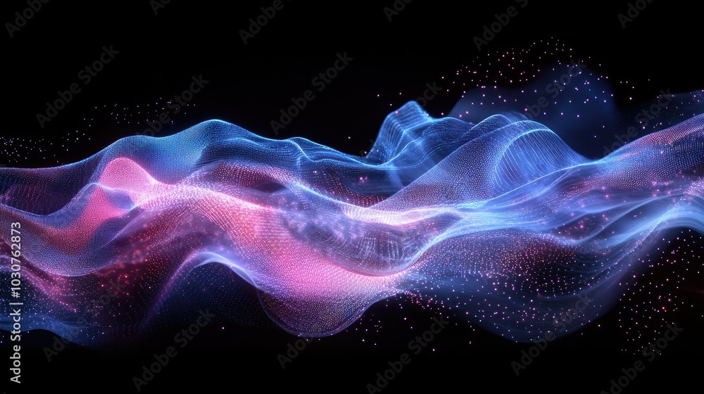 Poster glowing digital waveforms and abstract particles representing the complexity of high-tech processes