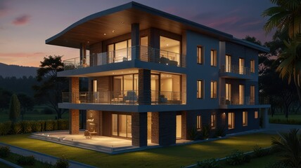 Obraz premium Modern three-story house with a large balcony and windows at dusk.