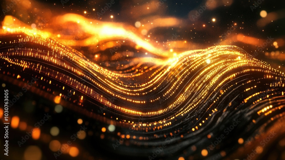 Poster glowing digital waveforms and abstract particles symbolizing the complexity of modern tech processes