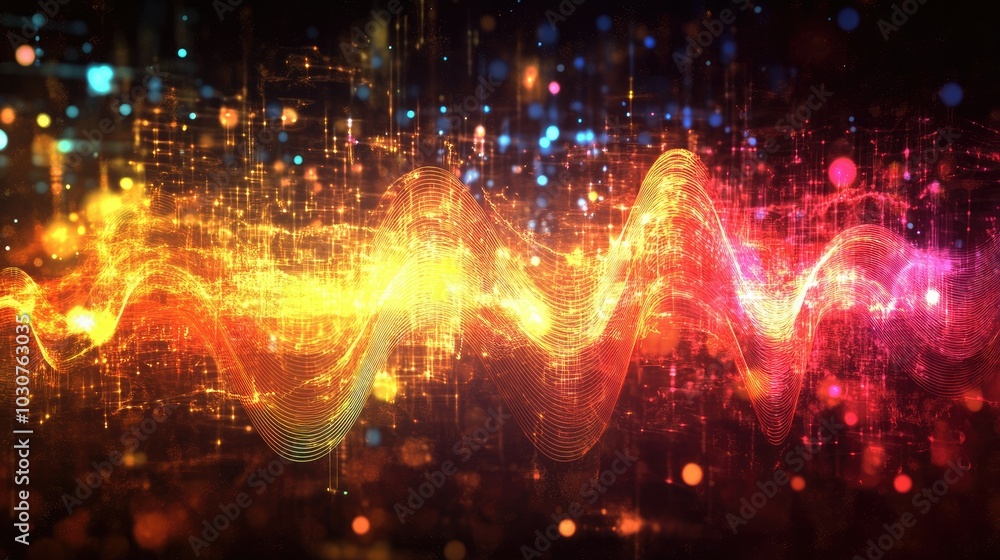 Poster glowing digital waveforms and abstract particles symbolizing the complexity of modern tech processes
