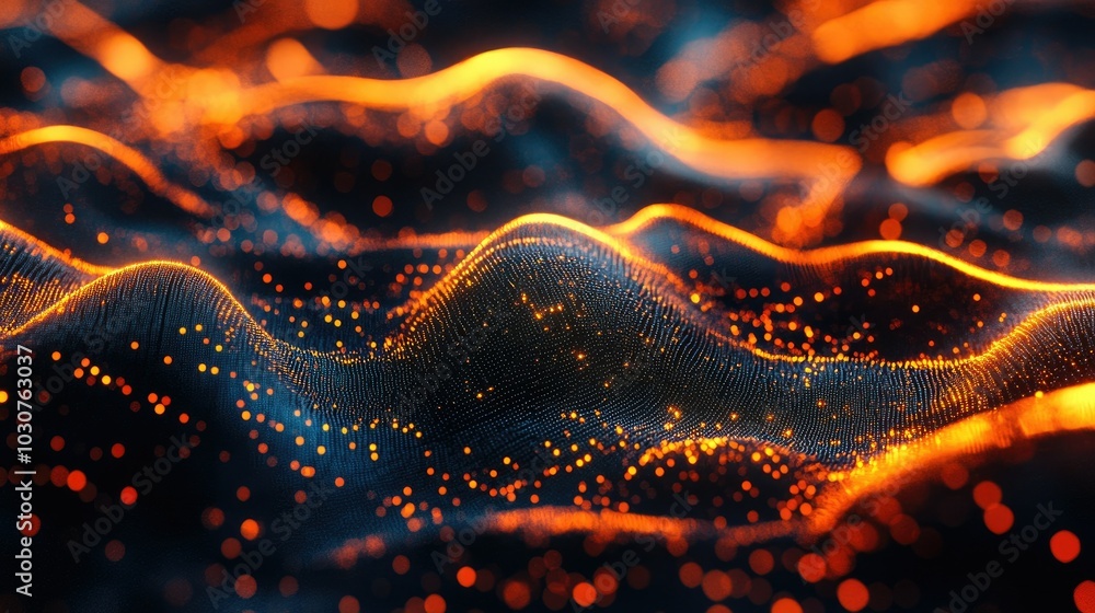 Poster glowing digital waves and abstract particles representing the complexity of modern technological pro
